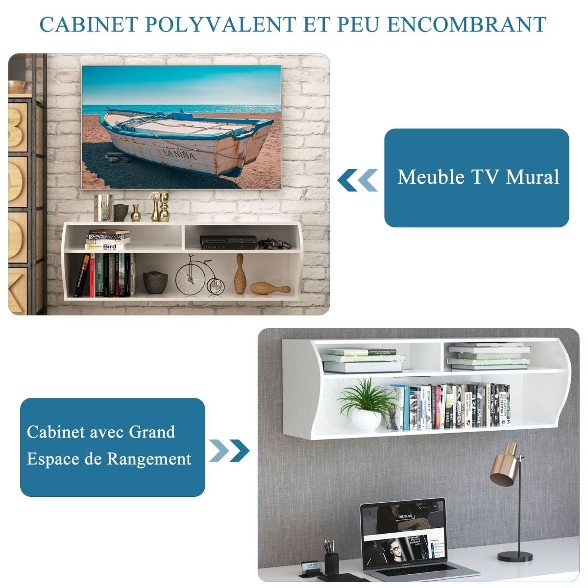 Meuble TV Mural Flottant avec 3 Compartiments Ouverts Banc TV Suspendu avec Trou de Câble 123 x 41 x 41 CM Blanc