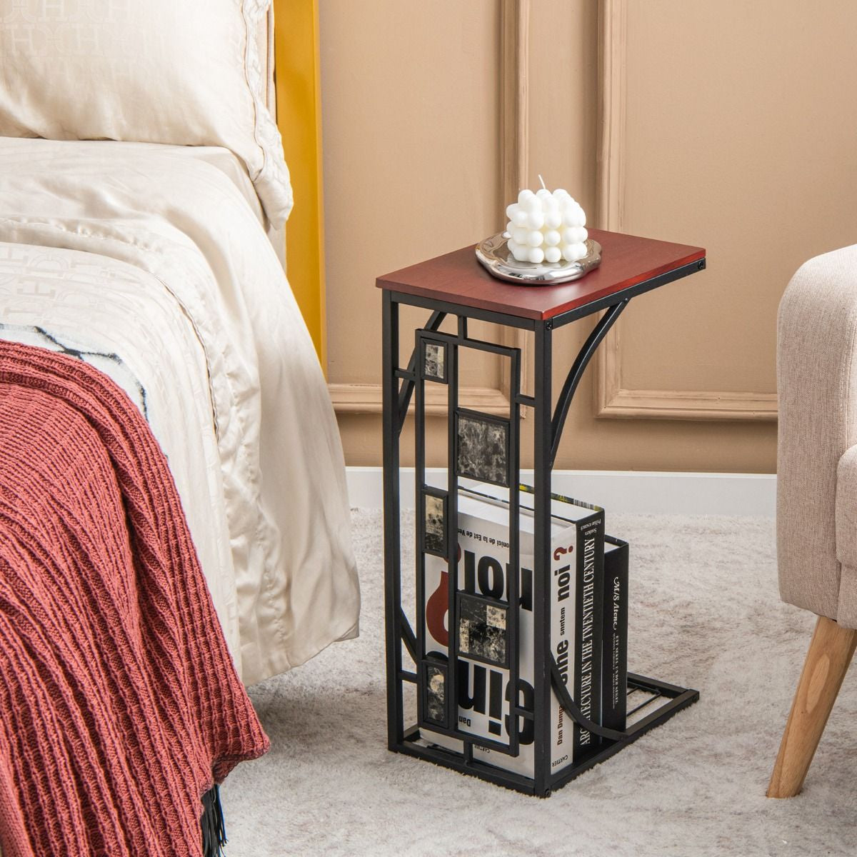 Table d'Appoint en Forme de C avec Support de Rangement Inférieur pour Salon Chambre à Coucher