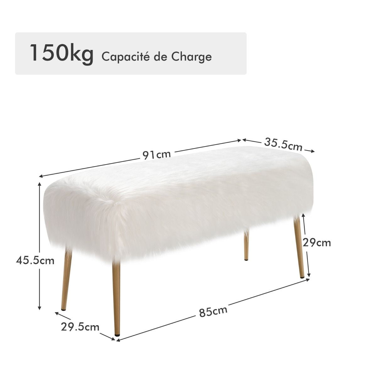 Banc en Fourrure Synthétique Pieds en Métal Doré Bout de Lit 91 x 35,5x 45,5 cm (L x l x H) Beige