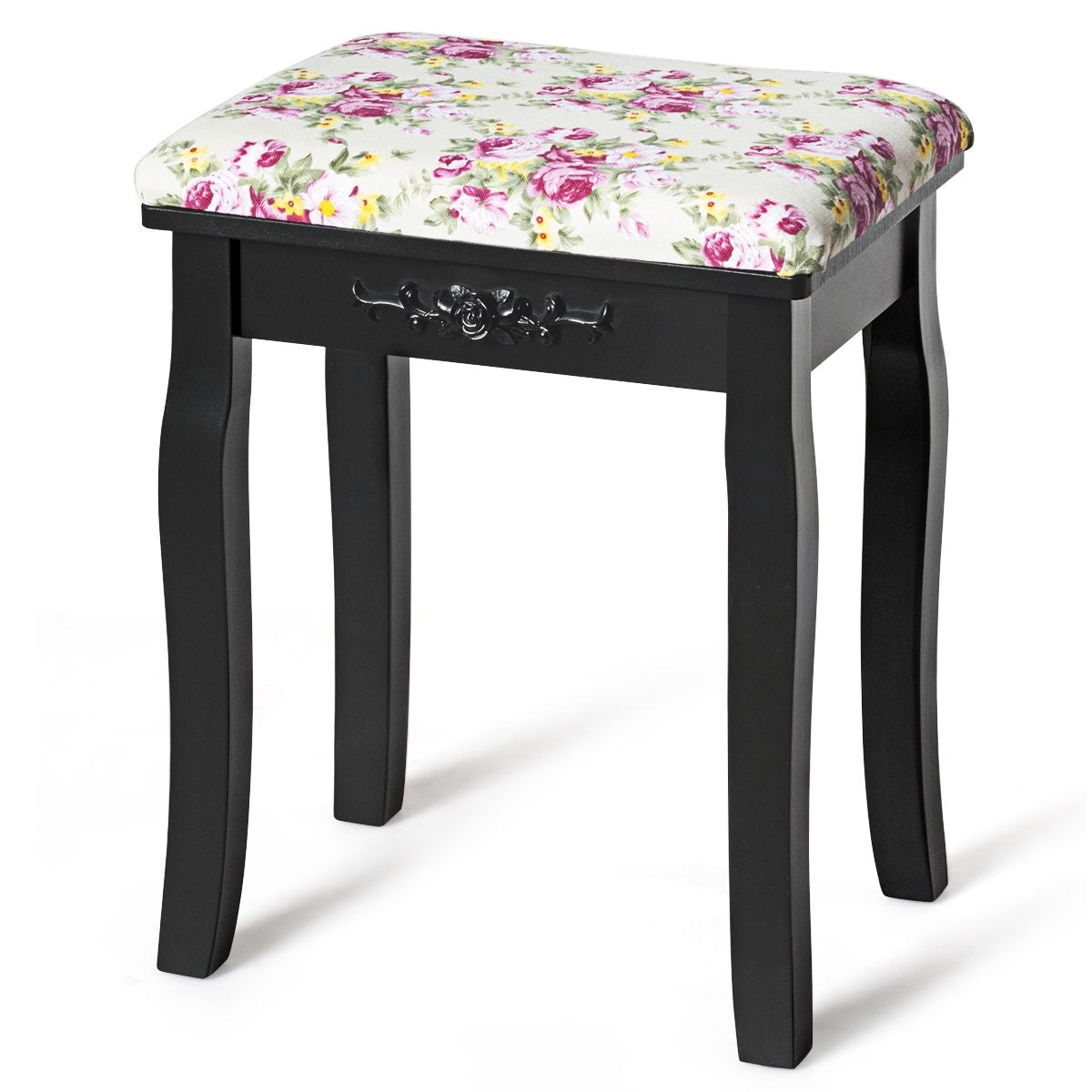 Tabouret de Coiffeuse avec Siège Rembourré et Pieds en Bois Incurvés pour Chambre Dressing 40,5 x 30,5 x 44,5 cm Noir