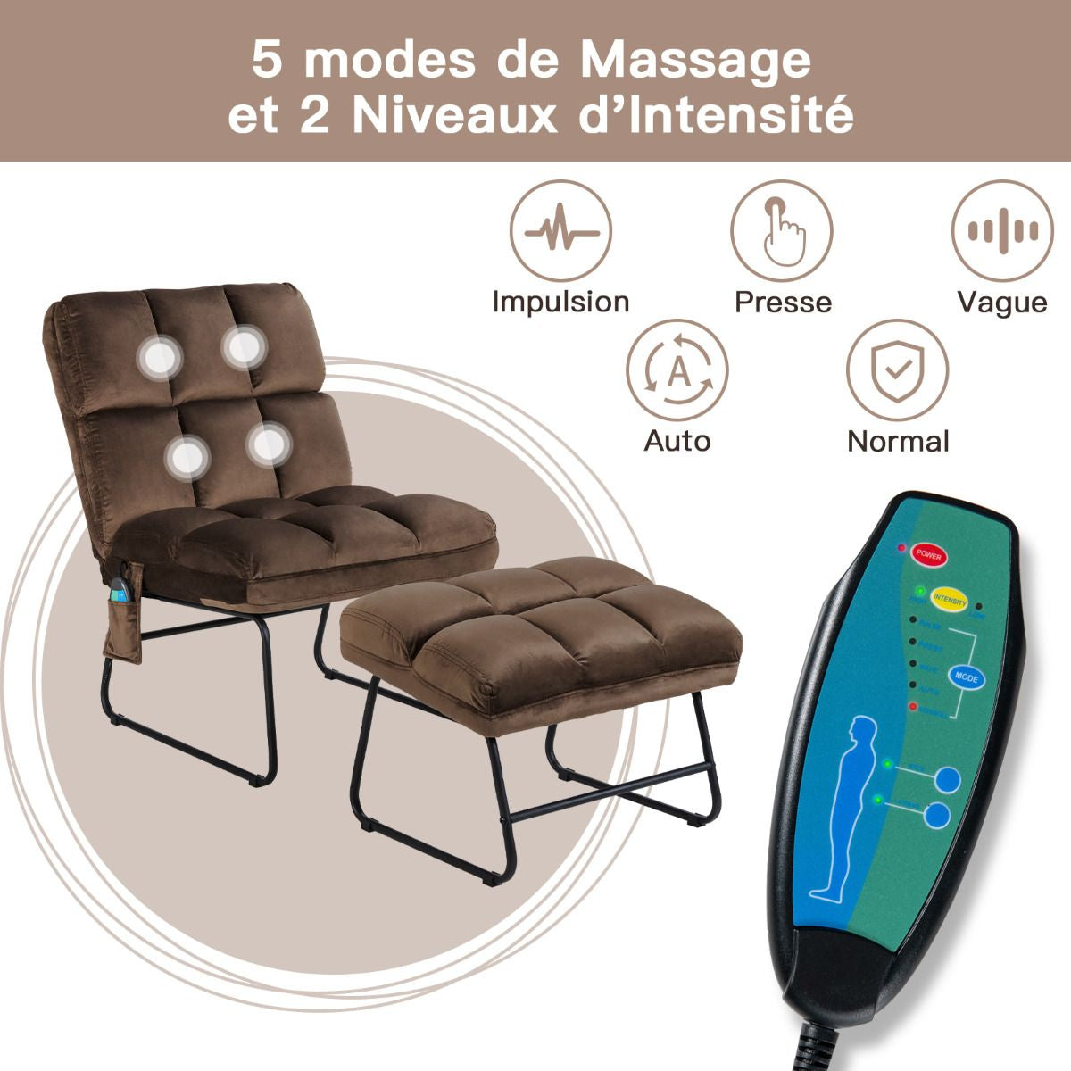 Fauteuil Relax 5 Modes de Massage en 4 Points sur Dos et Lombaire 2 Niveaux de Vibration en Velours  Marron