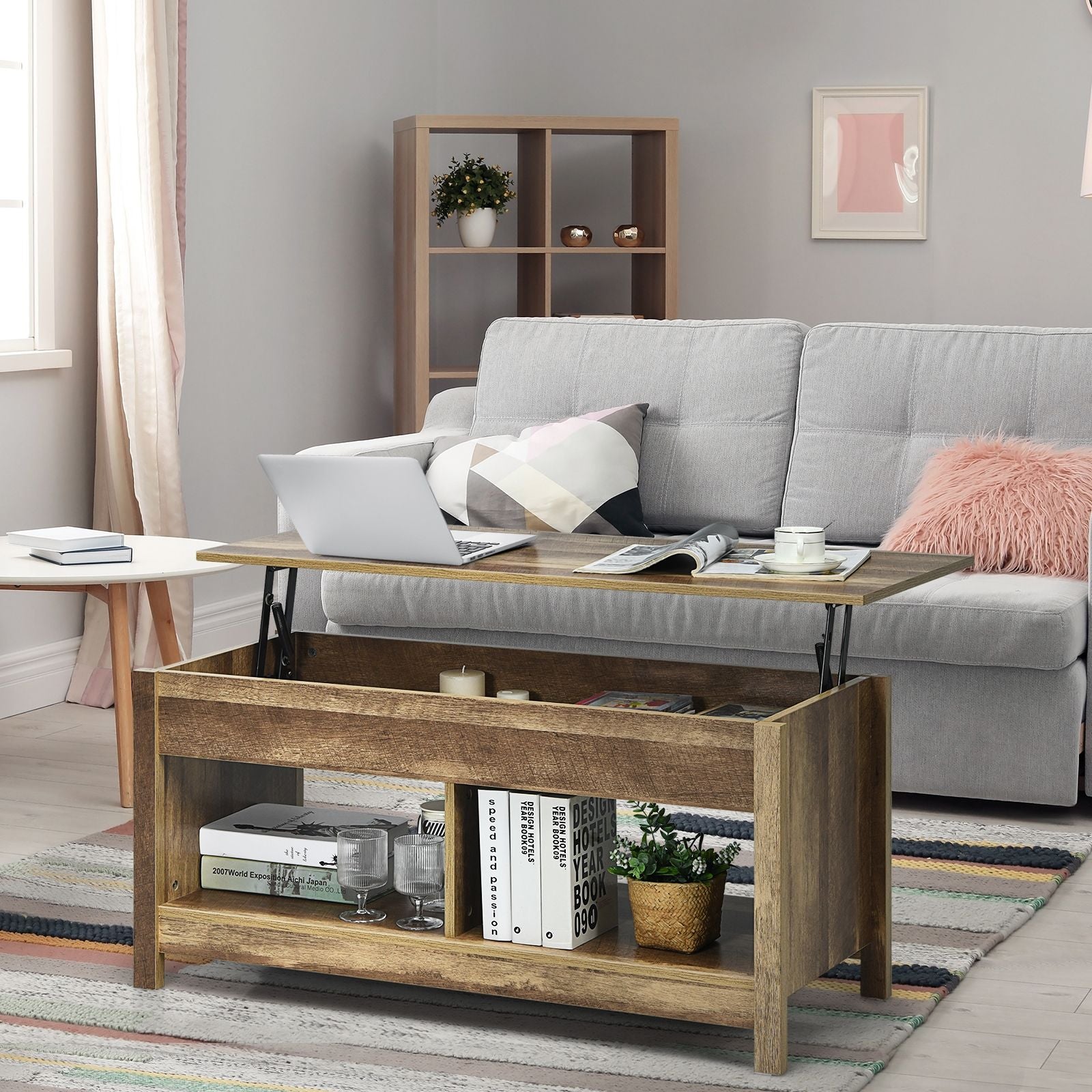 Table Basse avec Plateau Relevable avec Espace de Rangement Caché et Etagère Inférieur 109 x 47,5 x 50-63 cm Chêne