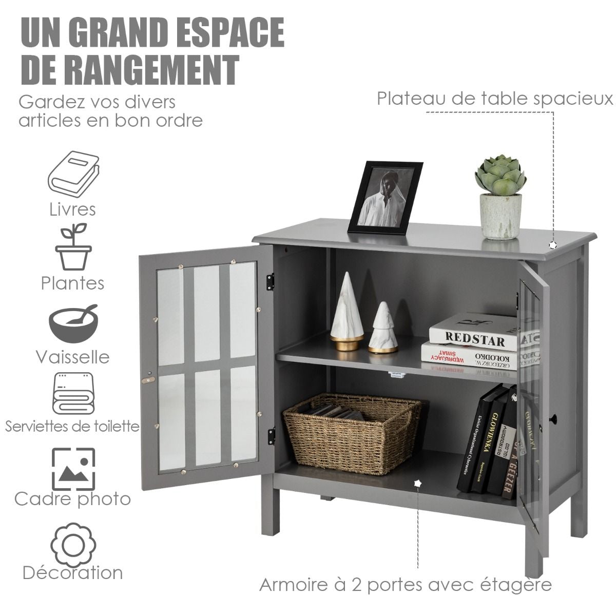 Buffet Bahut avec Porte un Verre Trempé 80,5 x 35 x 78 CM en Bois de Pin Gris