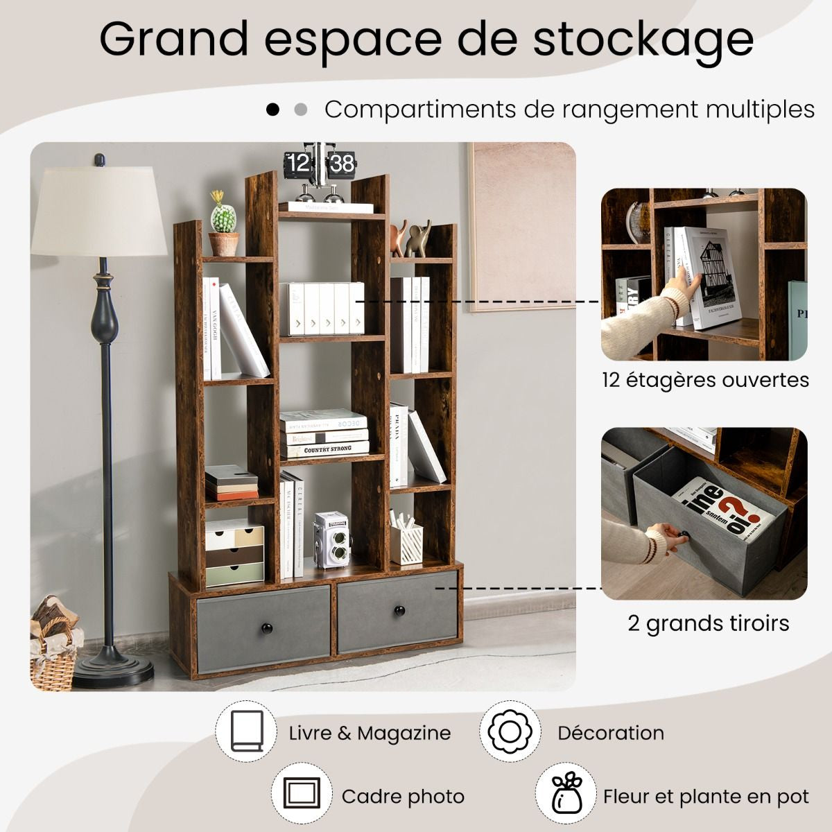 Bibliothèque Industrielle de 132CM avec 12 Compartiments et Tiroirs Étagère de Rangement avec Dispositif Anti-dumping Marron