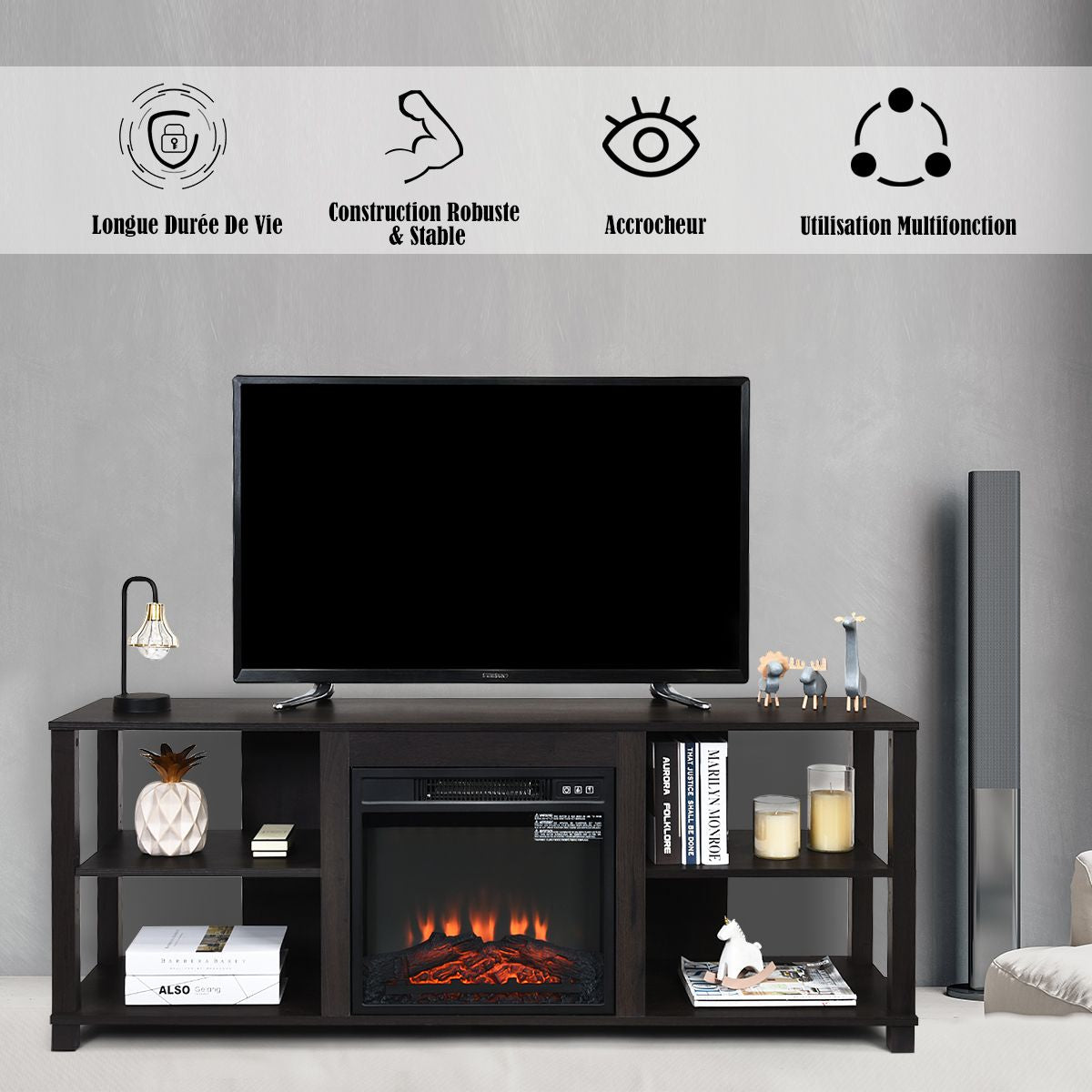 Meuble pour TV Max 65 Pouce avec Emplacement pour Cheminée Electrique et 2 Etagères pour Multimédia 150x40x58 cm (LxlxH)