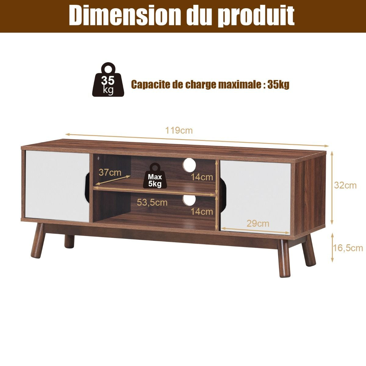 Meuble TV avec Compartiments et Étagères Jusqu’à 43 Pouces pour Salon Chambre Salle de Jeu 120x39x48,8cm Blanc&Noir