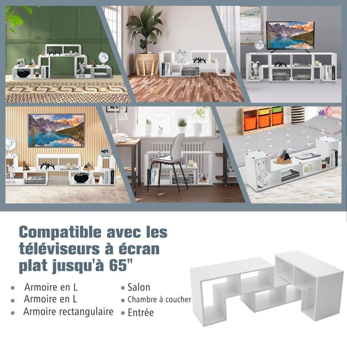 Meuble TV 3 Pièces 140x30x43cm Combination Libre pour Télévision Jusqu’à 49 Pouces pour Salon Chambre Bureau en MDF Blanc