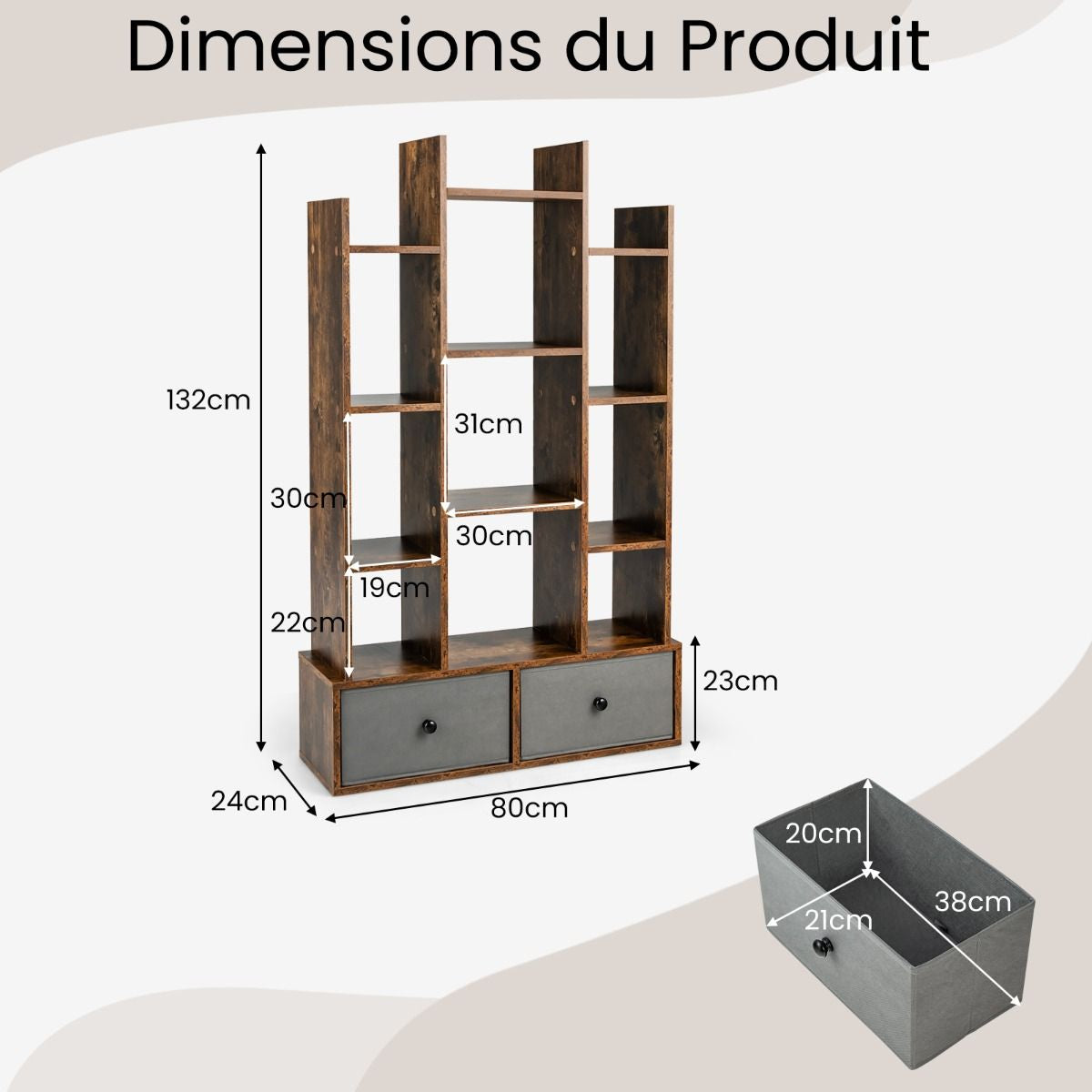 Bibliothèque Industrielle de 132CM avec 12 Compartiments et Tiroirs Étagère de Rangement avec Dispositif Anti-dumping Marron