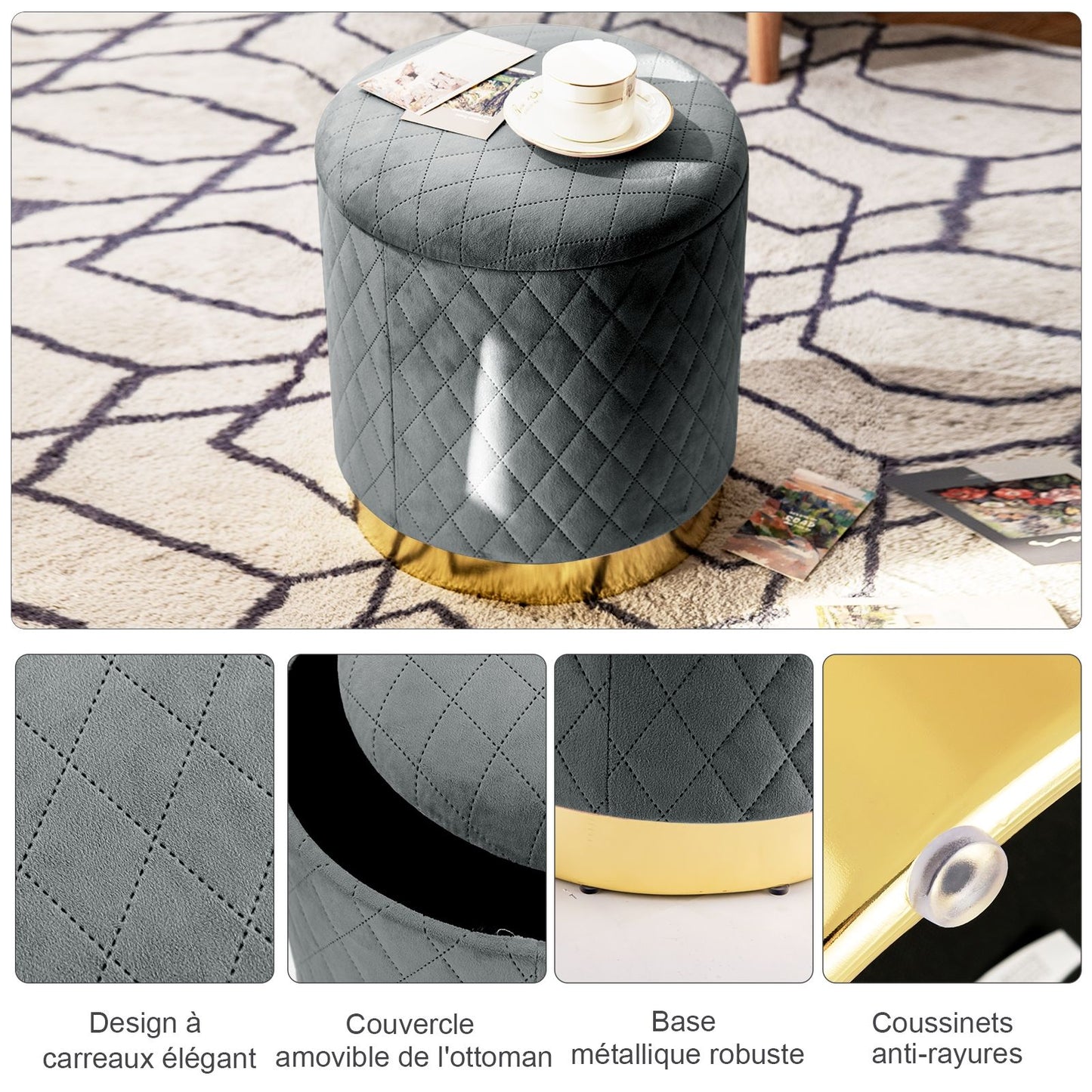 Pouf de Rangement Rond avec Base en métal Couvercle Détachable et Patins Anti-Rayurespour Salon Chambre Gris