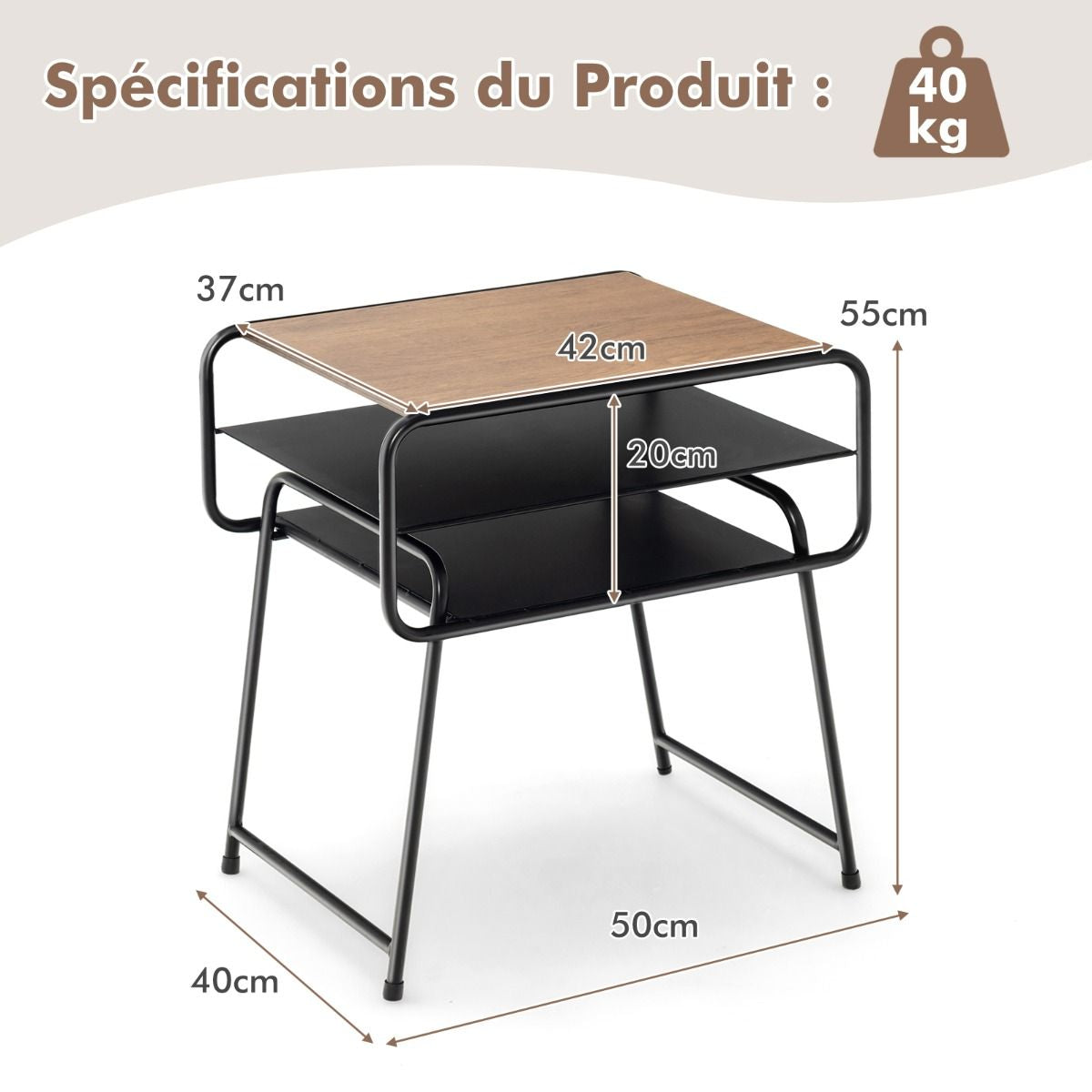 Table de Chevet Table de Nuit 3 Etagère 50  x 40  x 55 cm (L x l x H) Style Industrielle Cadre en Métal  Robuste Marron + Noir