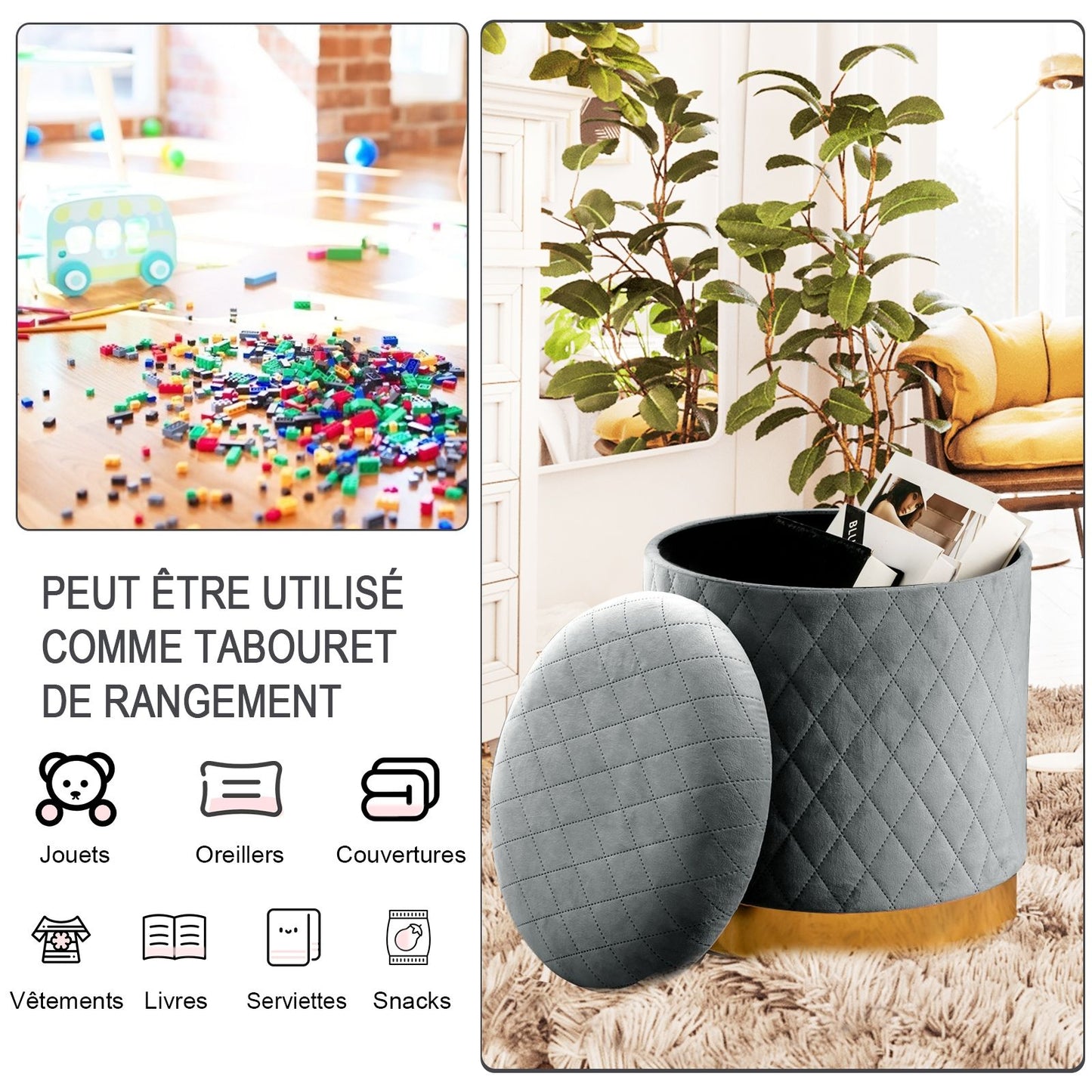 Pouf de Rangement Rond avec Base en métal Couvercle Détachable et Patins Anti-Rayurespour Salon Chambre Gris