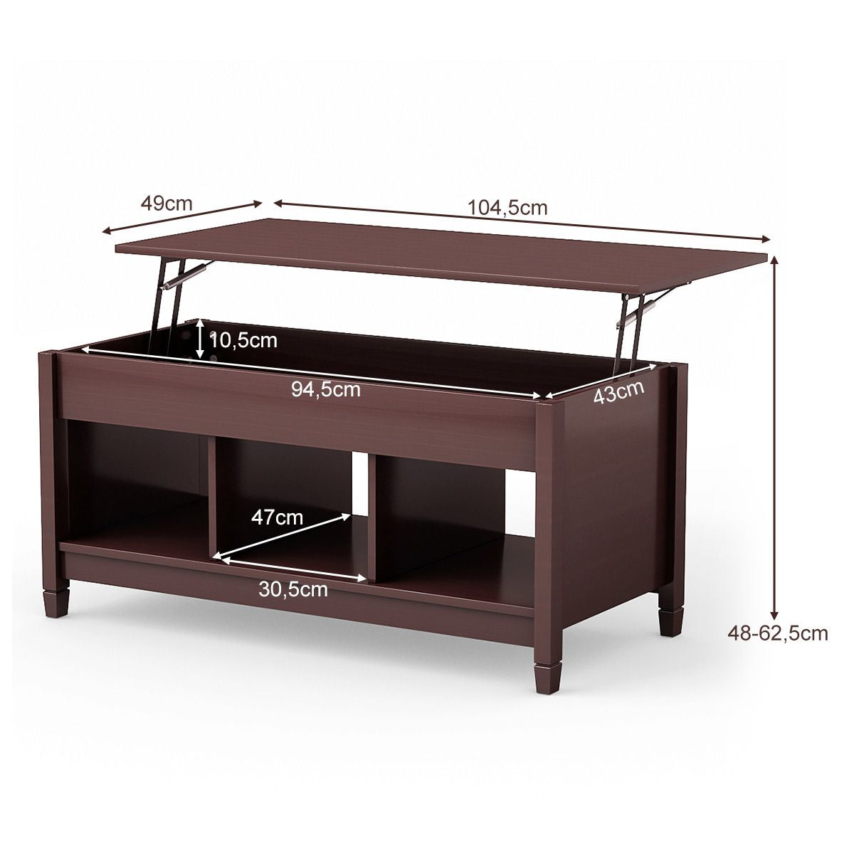 Table Basse avec Plateau Relevable 3 Compartiments Ouverts pour Rangement Polyvalents pour Salon Bureau Café