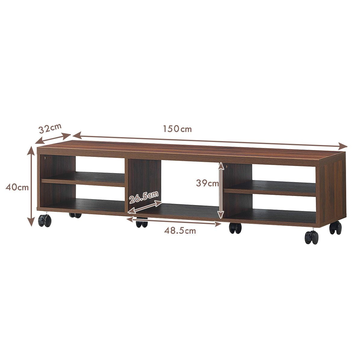 Meuble TV avec Roues Verrouillables 5 Etagères de Rangement Ouverts de Style Moderne pour TV Jusqu'à 55'' en MDF Marron