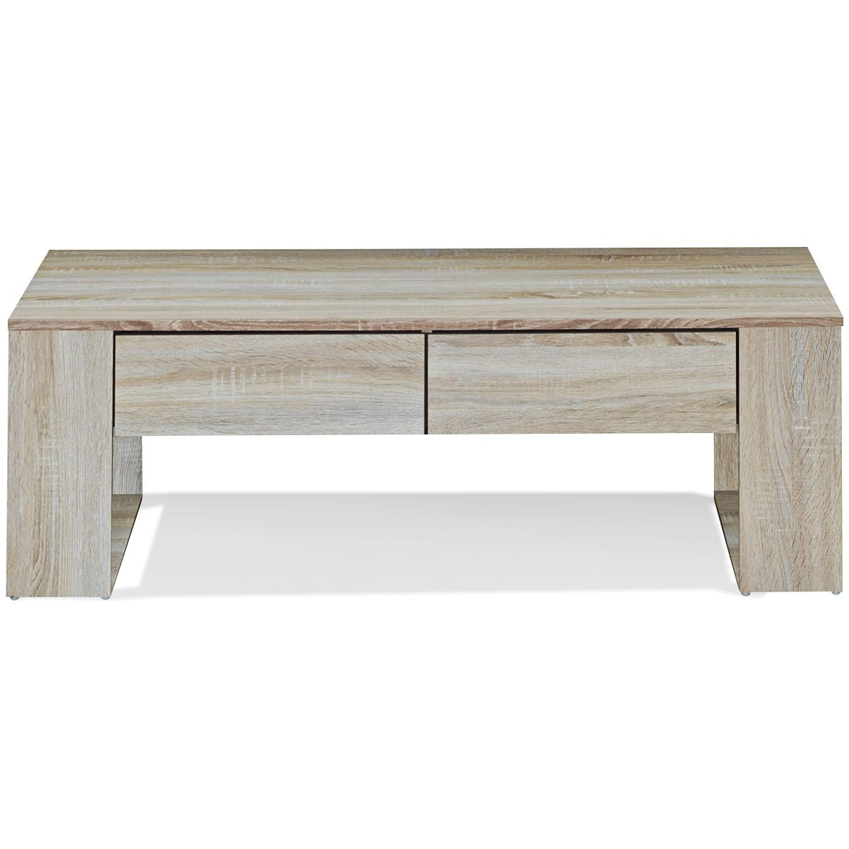 Table Basse en MDF Couleur de Chêne avec 2 Grands Tiroirs et 2 Tablettes Latérales