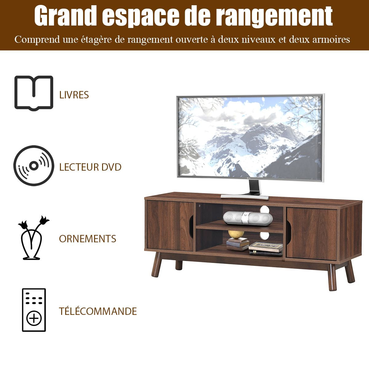 Meuble TV avec Compartiments et Étagères Jusqu’à 43 Pouces pour Salon Chambre Salle de Jeu 120x39x48,8cm Marron&Noir