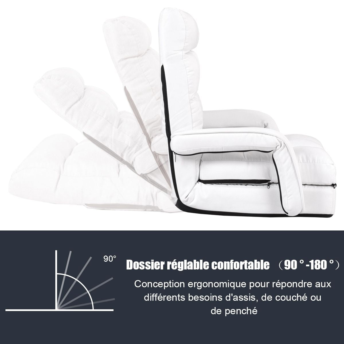 Fauteuil Convertible Chauffeuse Convertible 1 Place en Tissu avec Oreiller 5 Positions Blanc