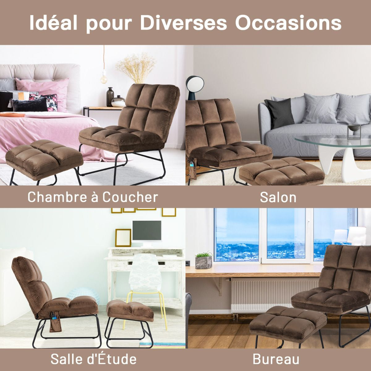 Fauteuil Relax 5 Modes de Massage en 4 Points sur Dos et Lombaire 2 Niveaux de Vibration en Velours  Marron