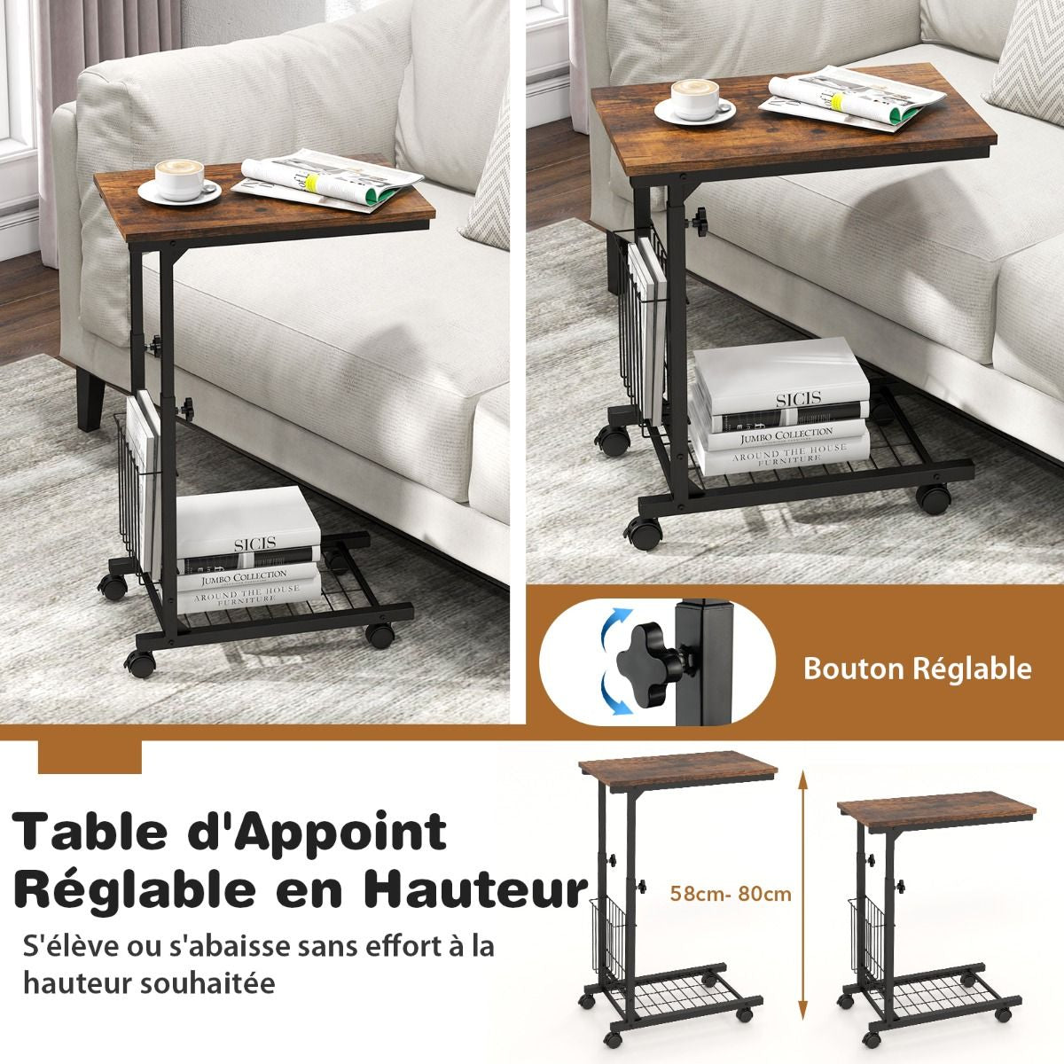 Table d'Appoint à Roulettes Bout de Canapé en Forme de C avec Porte-Revues Table de Lit à Roulette Hauteur Réglable 58-80 cm Table Roulante pour Lit Marron