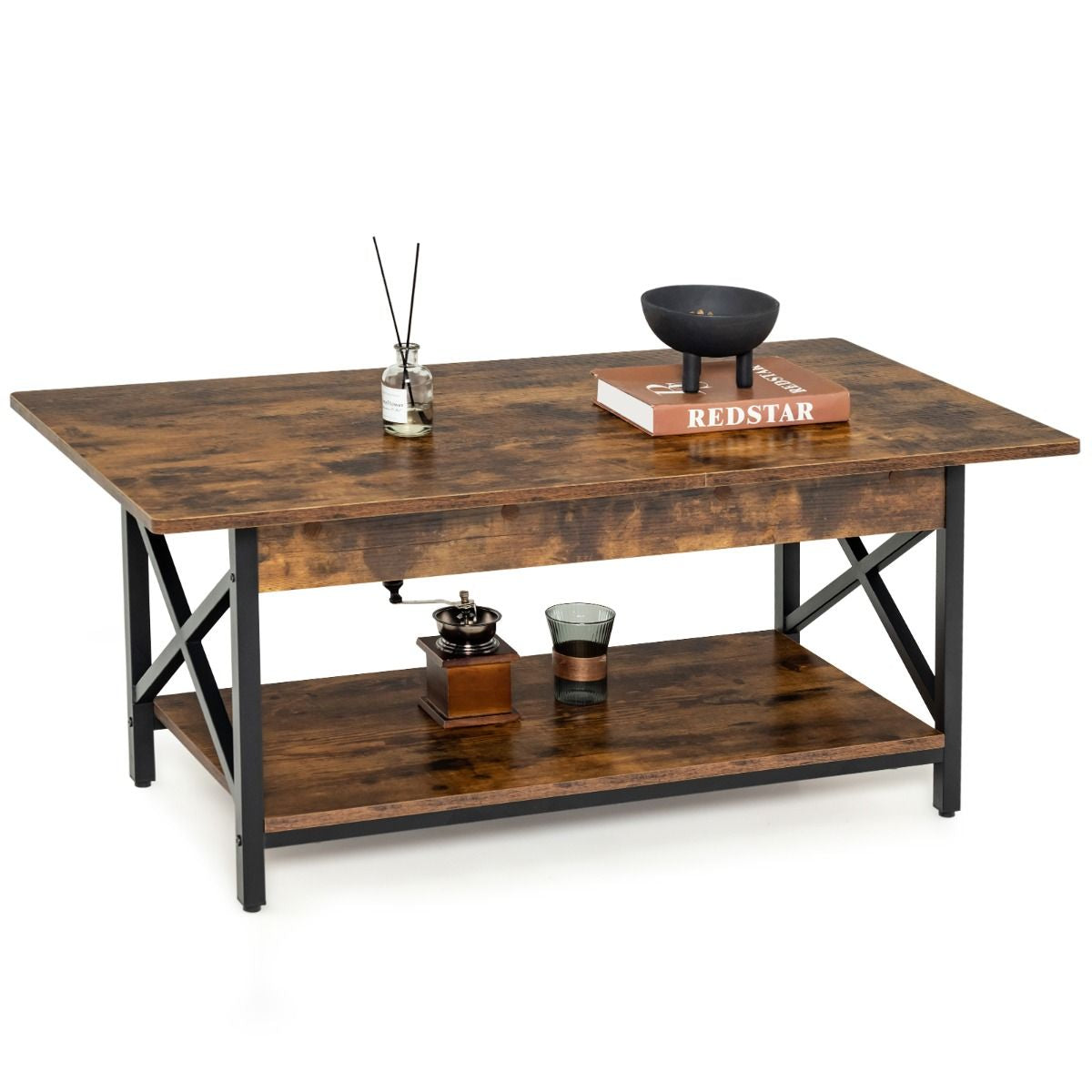 Table Basse 2 Niveaux avec Étagère Bois Cadre Métallique en Forme X Pieds Réglables Style Industrielle 110 x 60 x 48 cm Café