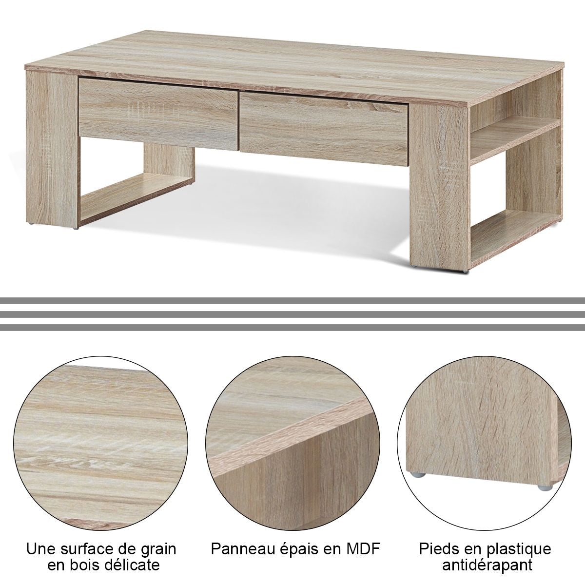 Table Basse en MDF Couleur de Chêne avec 2 Grands Tiroirs et 2 Tablettes Latérales