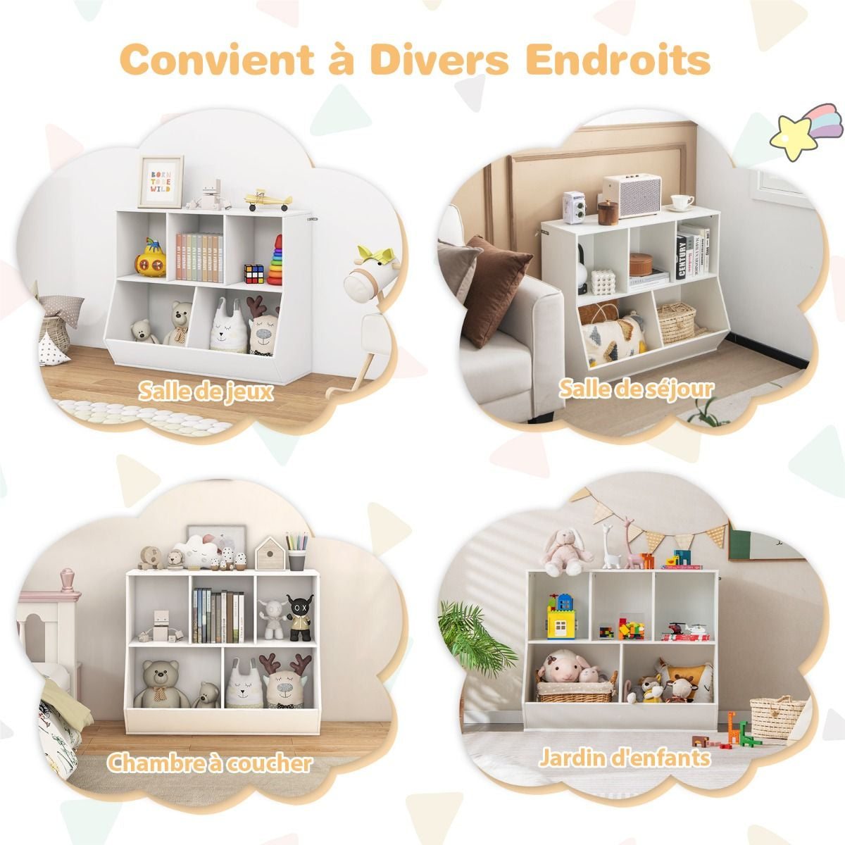 Bibliothèque pour Enfants à 9 Casiers, Étagère de Rangement Jouets pour Enfants avec Kits Anti-Basculement Étagère à Livres Enfants 90 x 40 x 76 cm Blanc