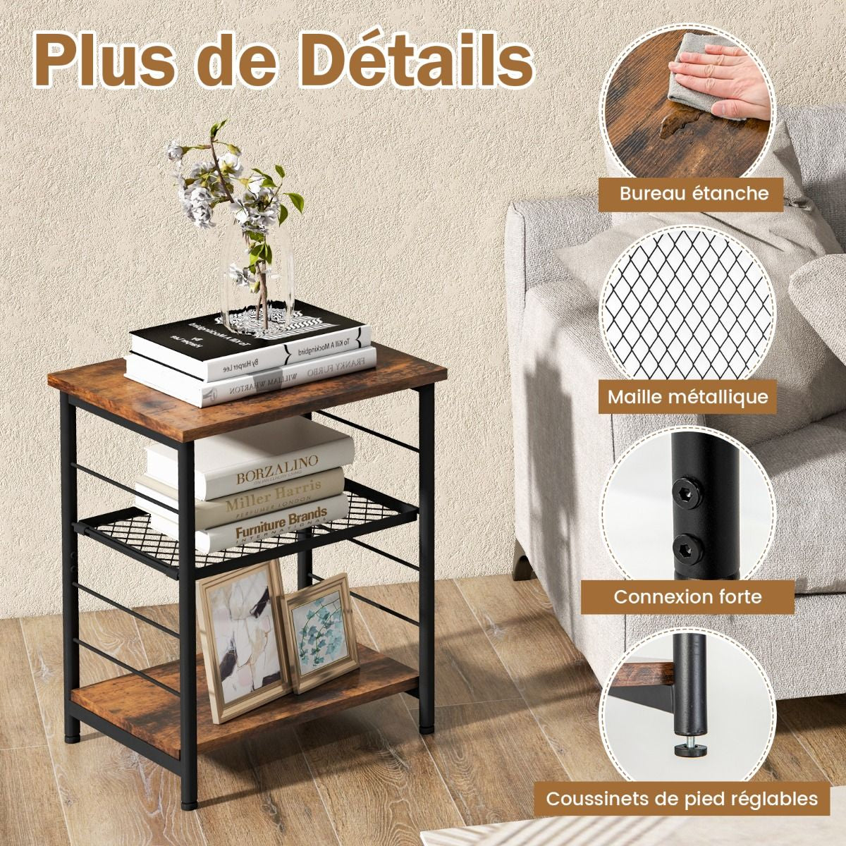 Table d’Appoint Style Industrielle 2 Etagères 38,5 x 30 x 50 cm (L x l x H) Cadre en Métal