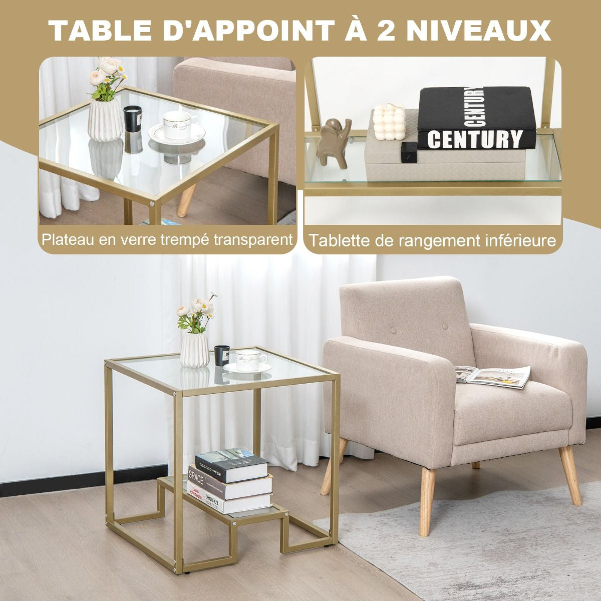 Table Basse Carrée en Verre Trempé à 2 Niveaux avec Cadre en Métal Doré Table d'Appoint avec 4 Coussinets de Pied Réglables