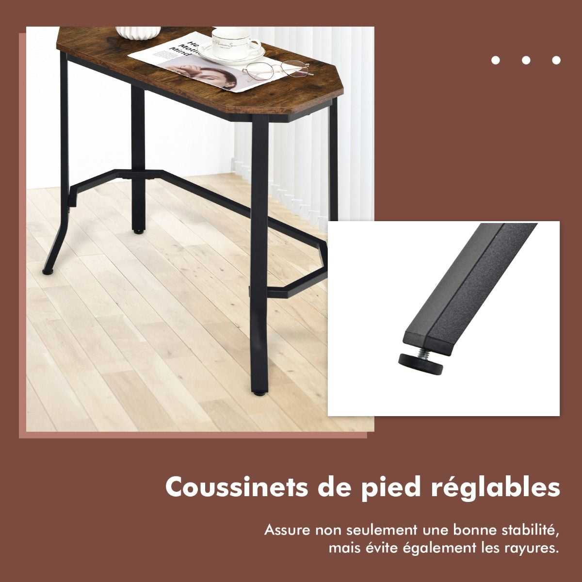 Table d'Appoint Étroite avec Grain de Bois Rustique et Structure en Acier Stable pour Salon Chambre et Salon