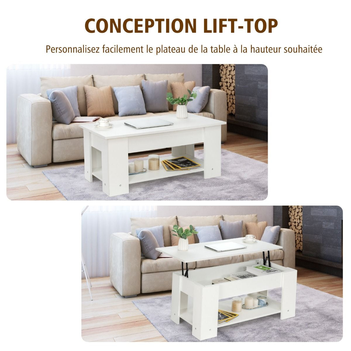 Table Basse avec Plateau Relavable et 1 Etagère pour Rangement Style Moderne 98 x 51 x 42 CM Blanc