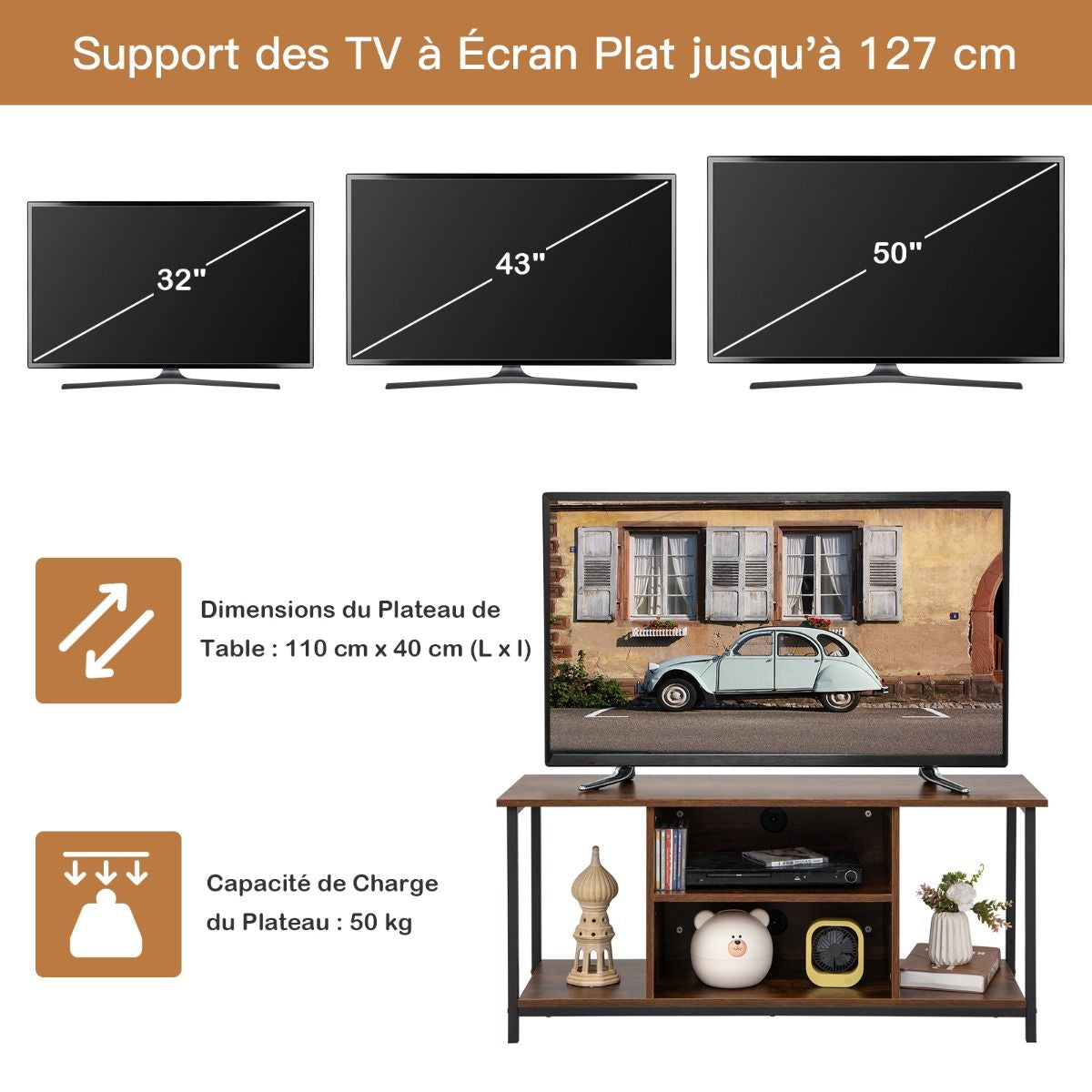 Meuble TV Support de Télévision jusqu'à 50 Pouces avec Etagère Réglable et 2 Trous des Câbles pour Salon Chambre Marron