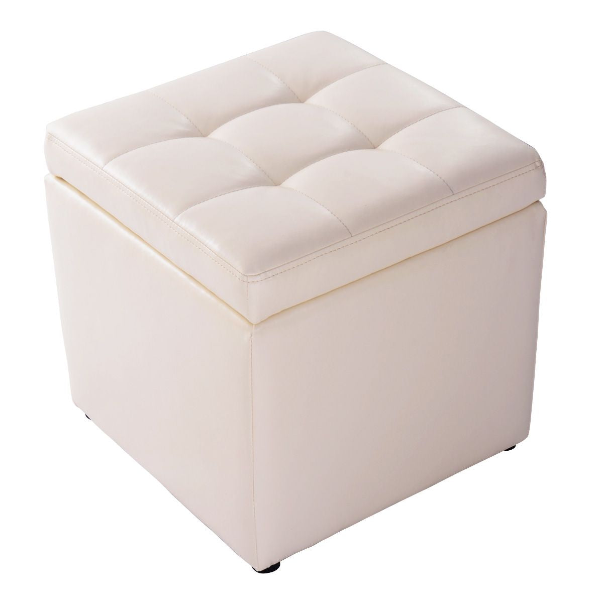 Tabouret Pouf Coffre Boîte de Rangement Repose-Pied Ottoman avec Espace de Stockage Cuir PU 40 x 40 x 40CM Beige