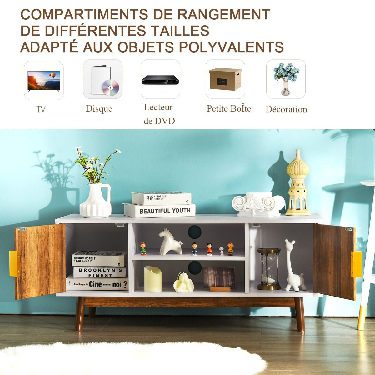 Meuble TV 2 Portes Banc TV 109 x 38 x 45,7 CM pour TV Jusqu'à 50 Pouce avec 2 Trous de Gestion des Câbles