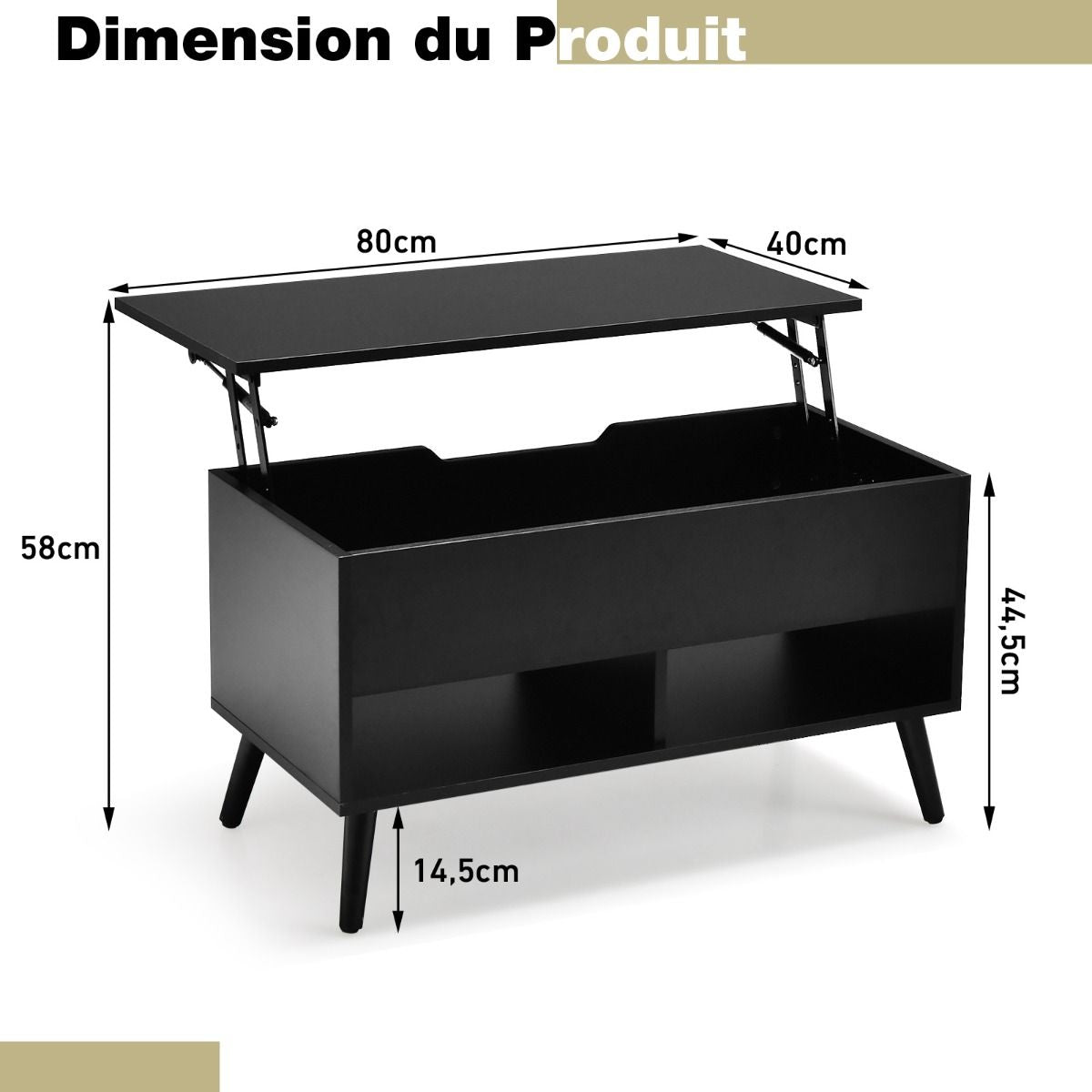 Table Basse Relevable avec 2 Compartiments et Rangement Caché Table Basse Salon à Pieds en Bois de Pin avec Levage Pneumatique Noir