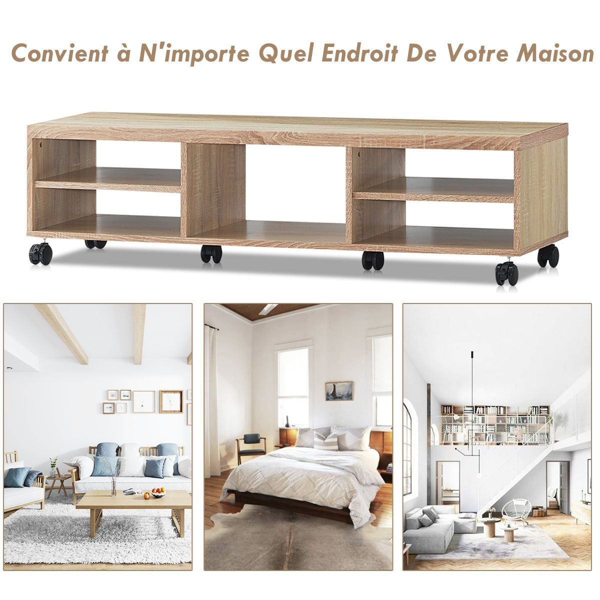 Meuble TV avec Roues Verrouillables 5 Etagères de Rangement Ouverts de Style Moderne pour TV Jusqu'à 55'' en MDF