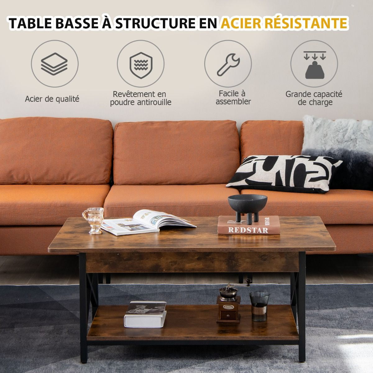 Table Basse 2 Niveaux avec Étagère Bois Cadre Métallique en Forme X Pieds Réglables Style Industrielle 110 x 60 x 48 cm Café