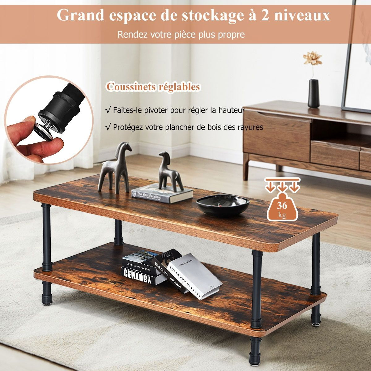 Table Basse Industrielle 110 x 60 x 45 CM avec 1 Tiroir et Etagère de Stockage Cadre en Métal