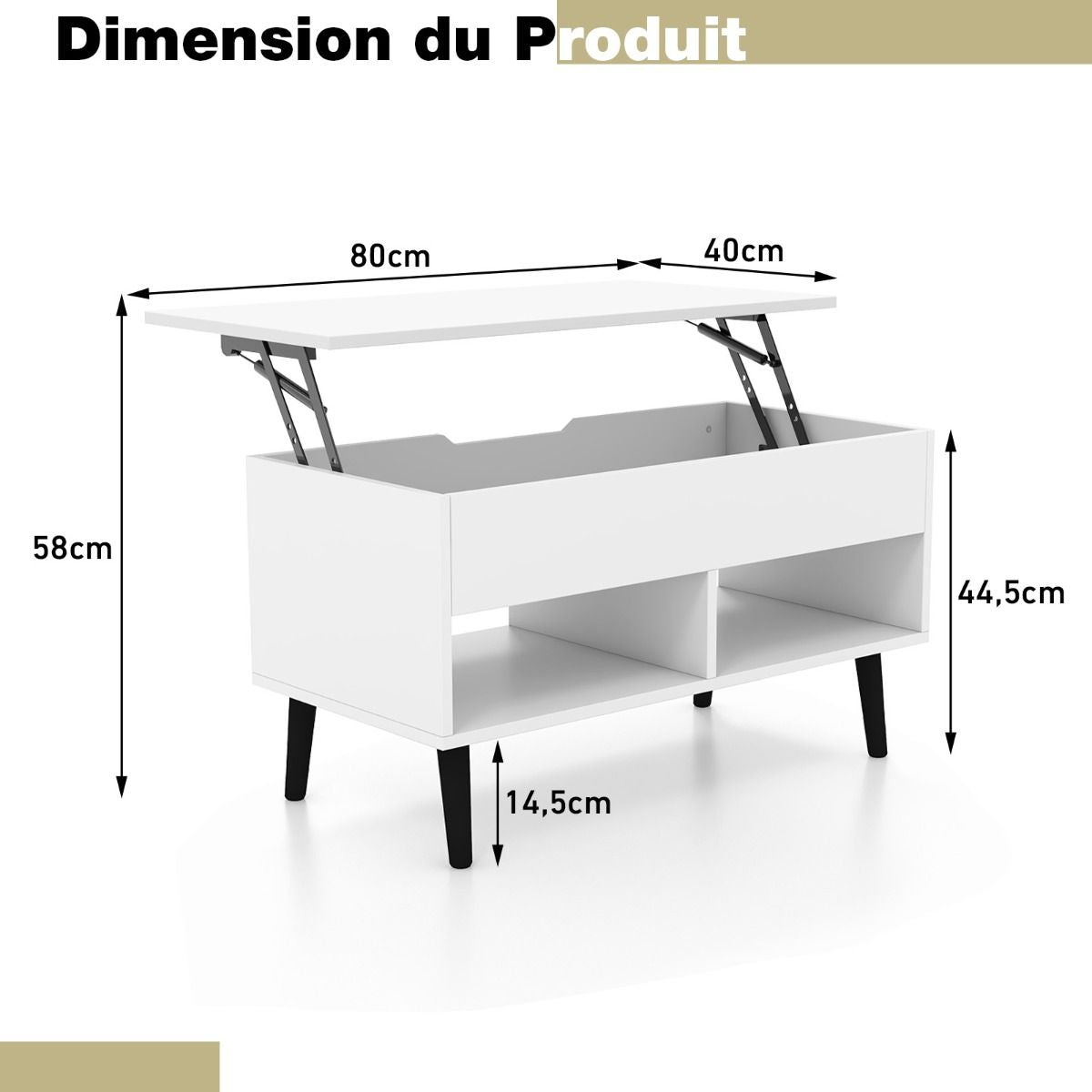 Table Basse Relevable avec 2 Compartiments et Rangement Caché Table Basse Salon à Pieds en Bois de Pin avec Levage Pneumatique Blanc