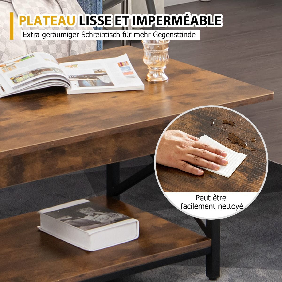 Table Basse 2 Niveaux avec Étagère Bois Cadre Métallique en Forme X Pieds Réglables Style Industrielle 110 x 60 x 48 cm Café