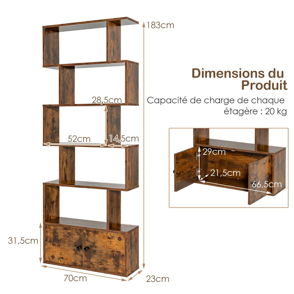 Bibliothèque Étagère Échelle en Bois à 6 niveaux avec 2 Portes 70 x 23 x 183 cm Style Moderne Forme en S Marron Rustique