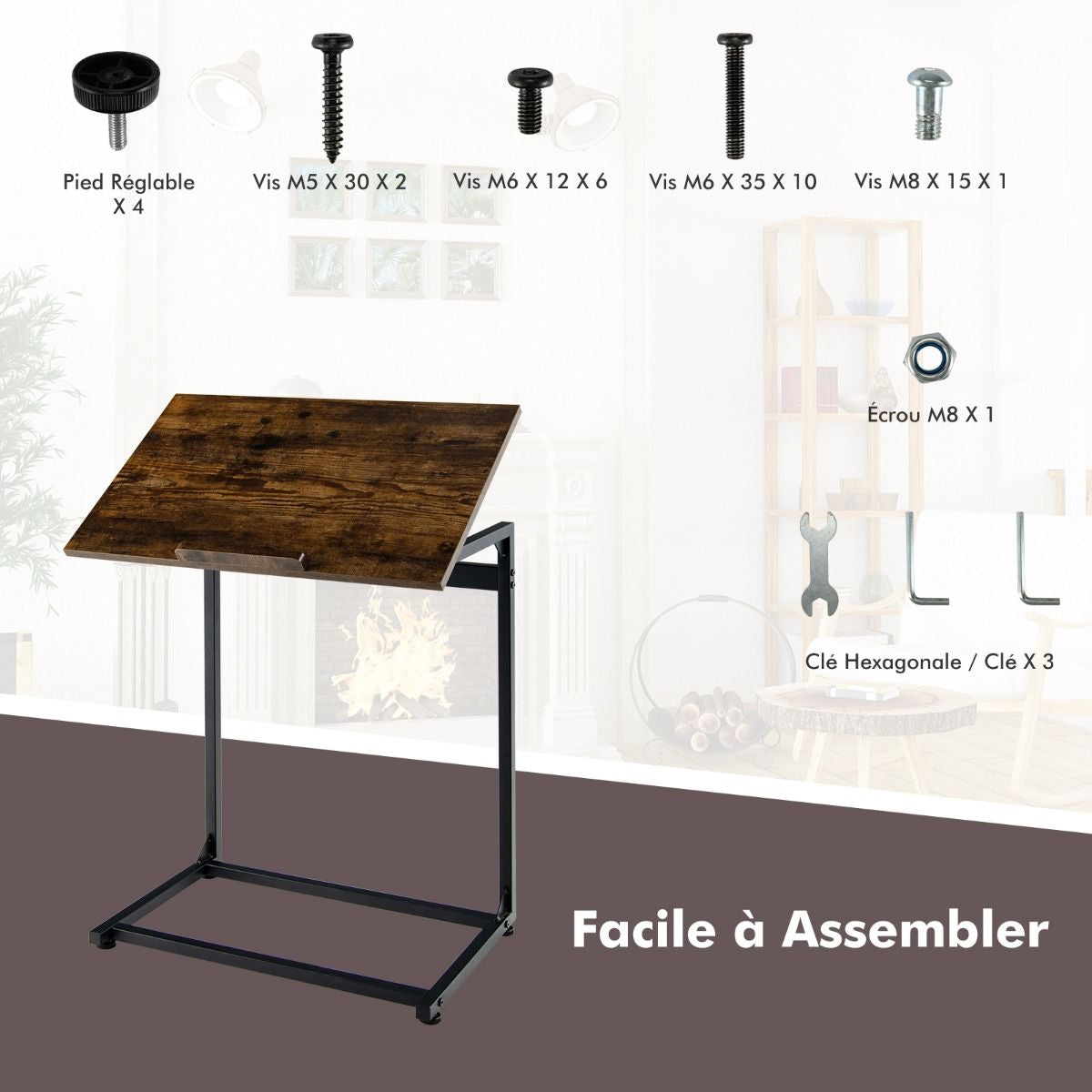 Table d’Appoint en Forme de C Plateau Réglable à 5 Positions Cadre en Acier Style Industriel Brun