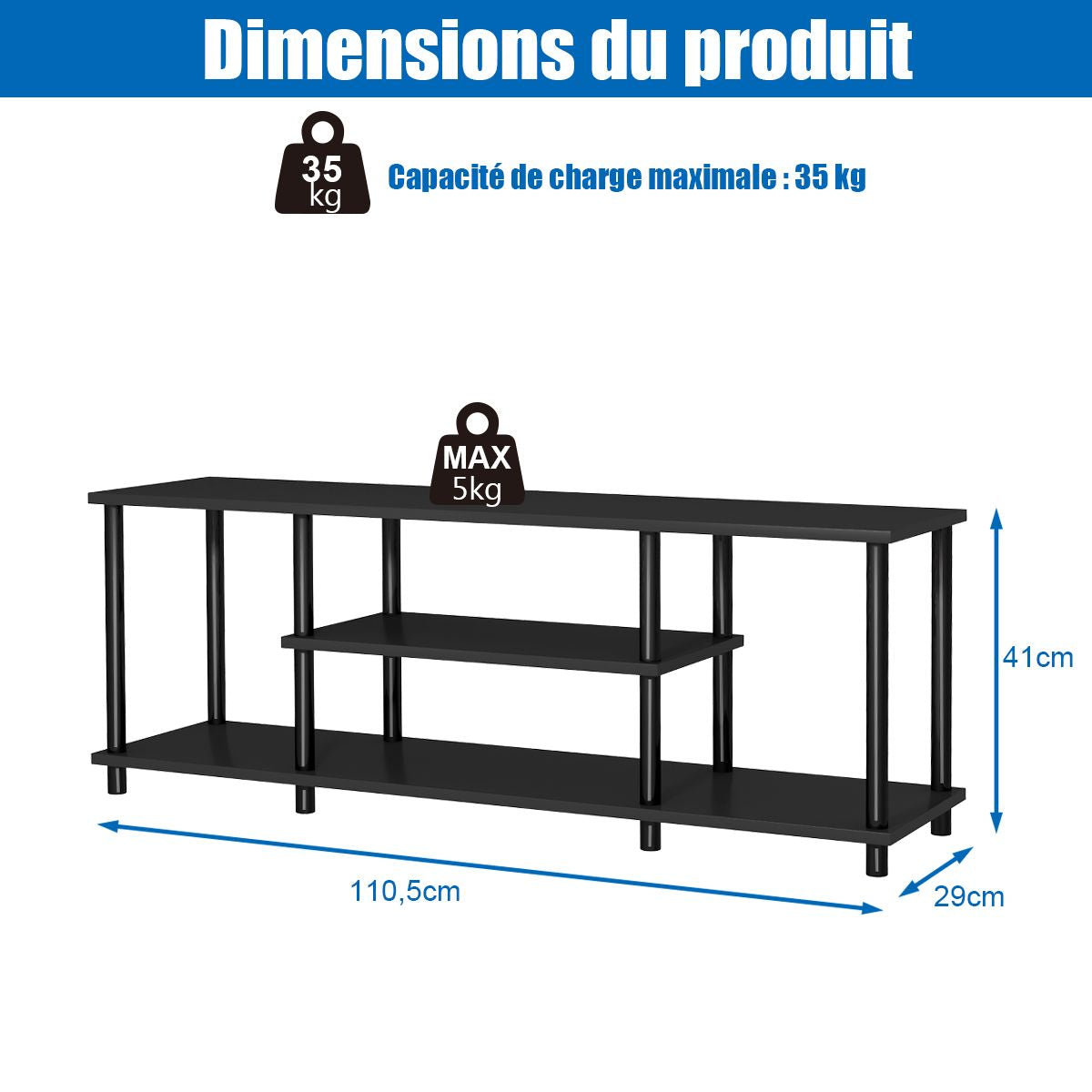 Meuble TV à 3 Niveaux pour Télévision jusqu'à 50 Pouces Banc TV Moderne pour Salon Chambre Noir