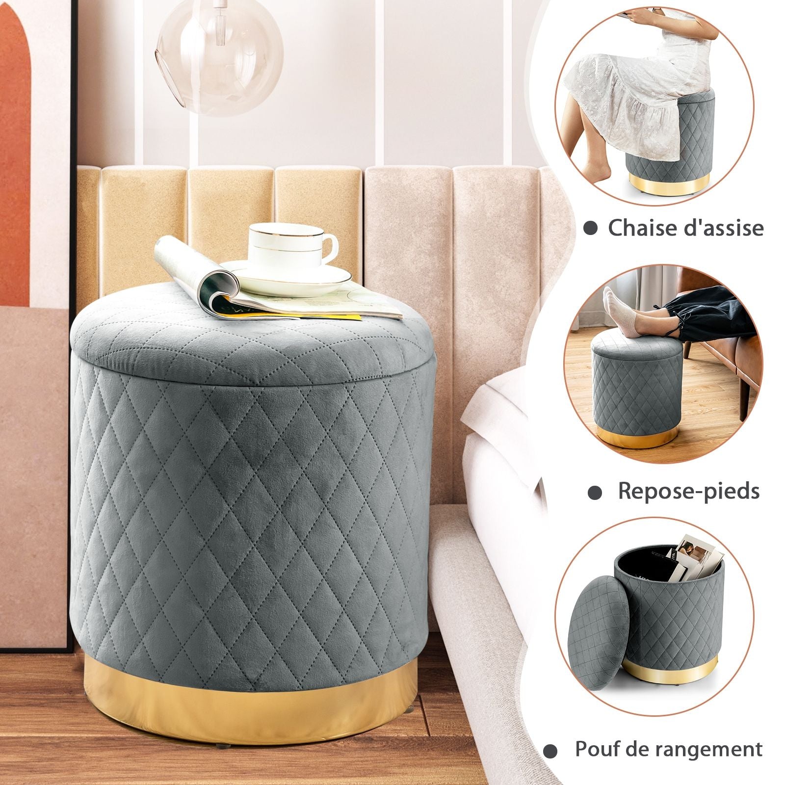 Pouf de Rangement Rond avec Base en métal Couvercle Détachable et Patins Anti-Rayurespour Salon Chambre Gris