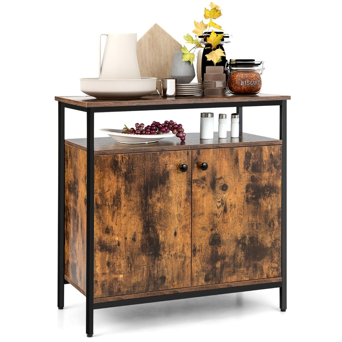 Buffet de Cuisine Industriel avec 2 Portes et Cadre Métallique 80x40x80 CM Meuble de Rangement avec Étagères Ouvertes Marron