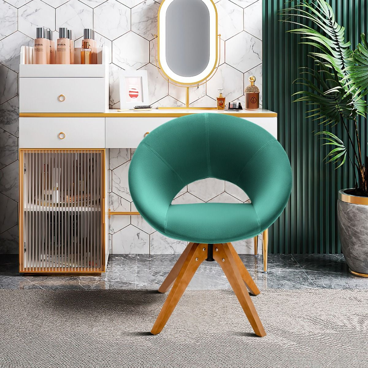 Fauteuil en Tissu Chaise Pivotante Moderne avec Pieds en Bois Massif et Siège Moelleux pour Salon Bureau et Chambre Vert