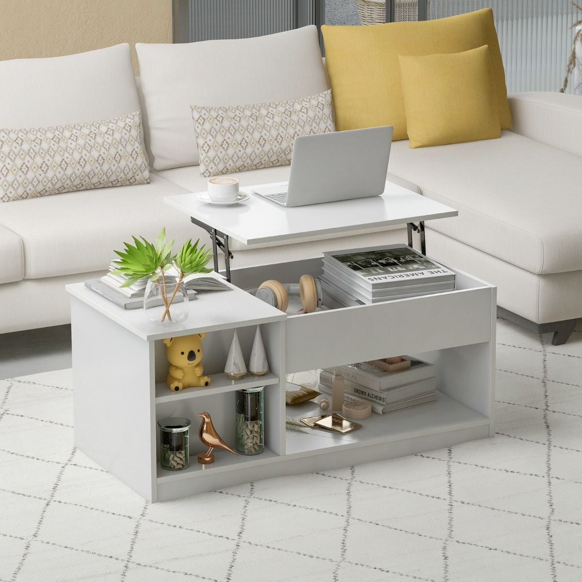 Table Basse avec Plateau Relevable avec Levage Pneumatique, Table de Salon avec 3 Compartiments ouverts et Placard à Porte