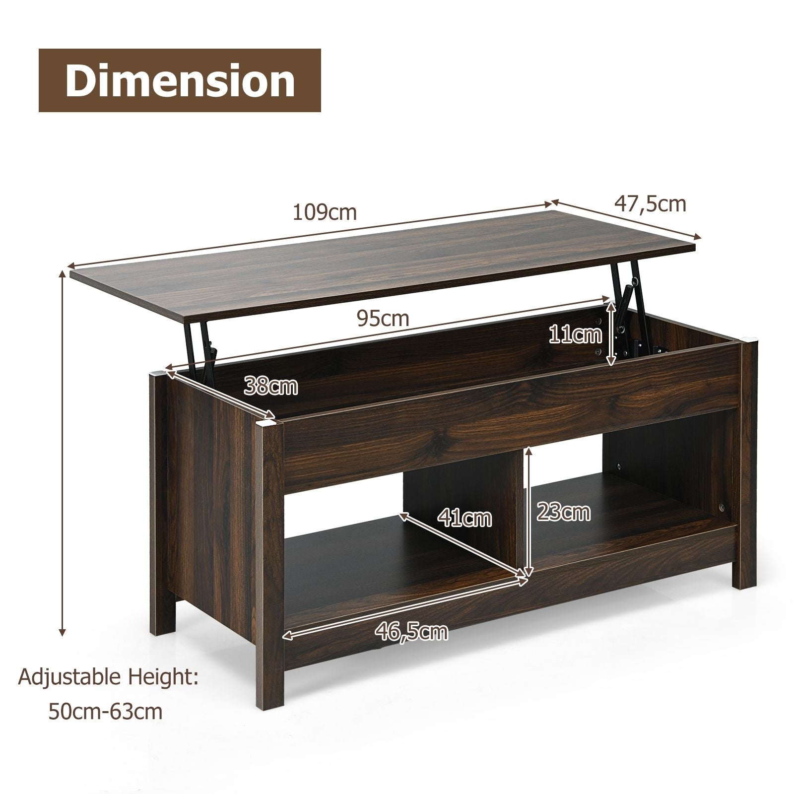 Table Basse avec Plateau Relevable avec Espace de Rangement Caché et Etagère Inférieur 109 x 47,5 x 50-63 cm Café