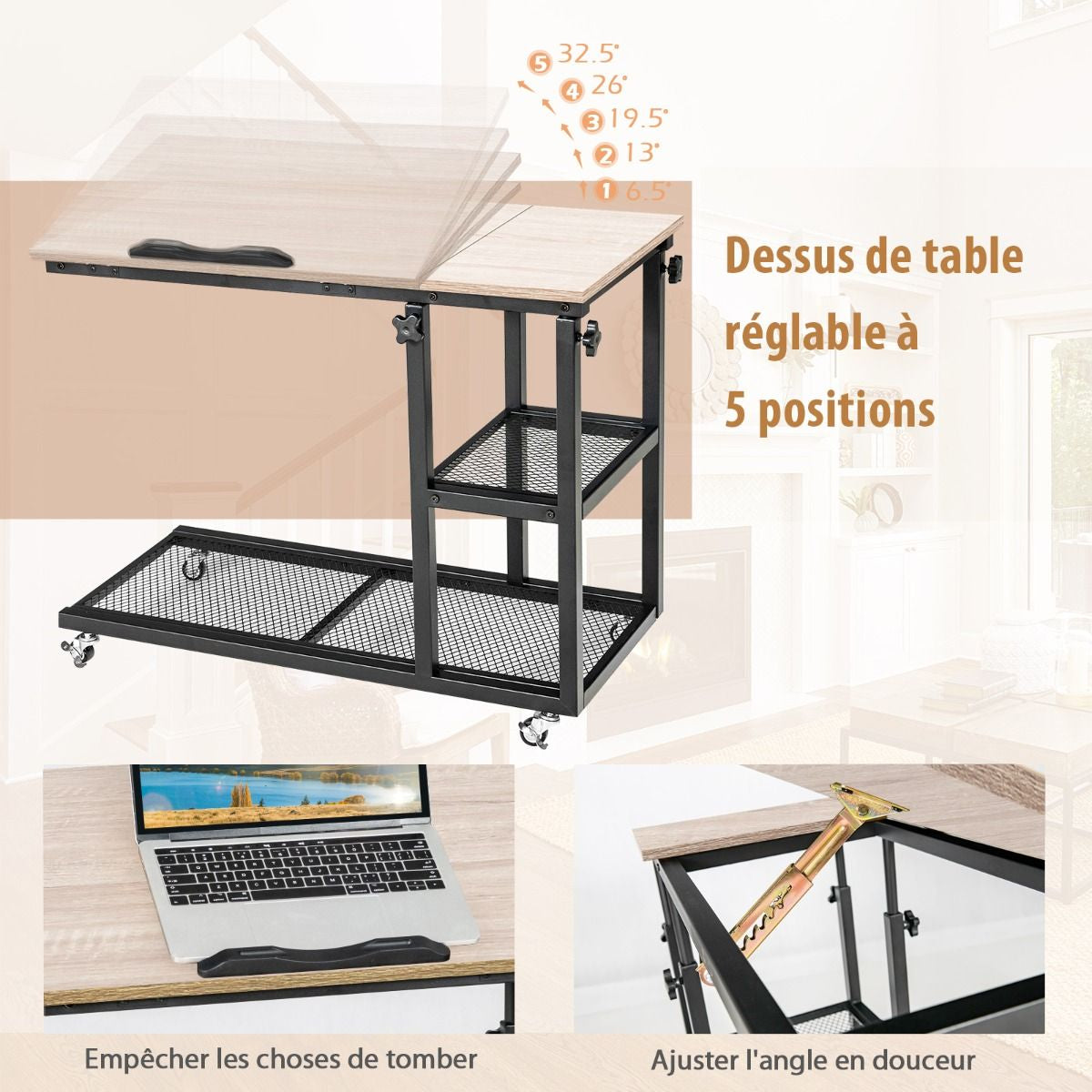 Table d’Appoint Plateau Inclinable à 5 Positions Roulettes Verrouillables Cadre en Acier Style Industriel Brun