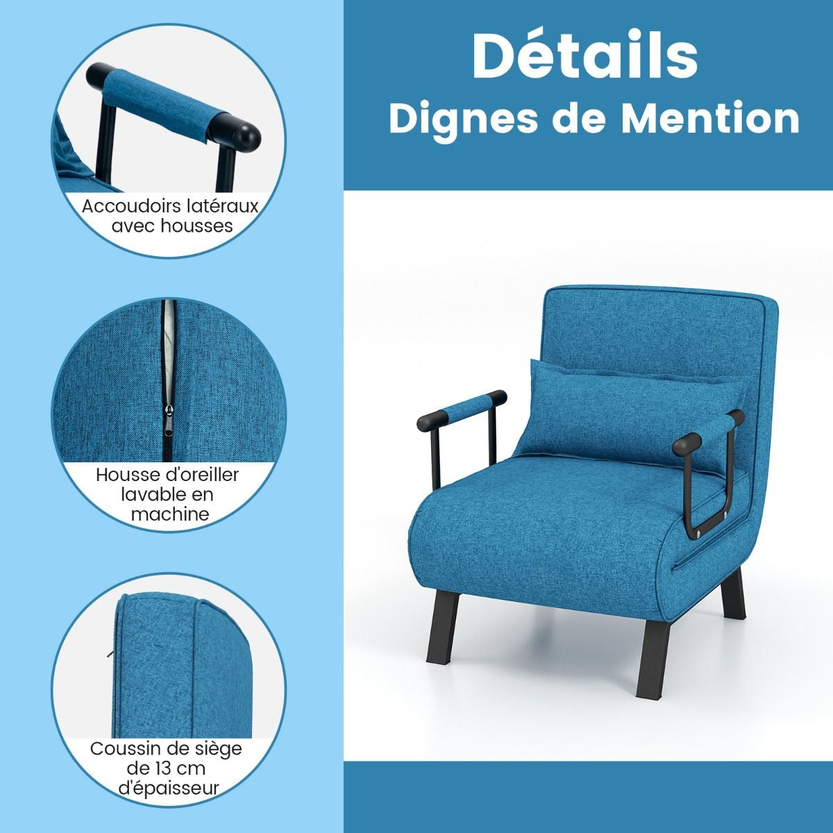 Fauteuil Convertible à Lit 1 Place, Fauteuil de Salon 4-en-1 Dossier Réglable en 6 Positions avec Oreiller Bleu