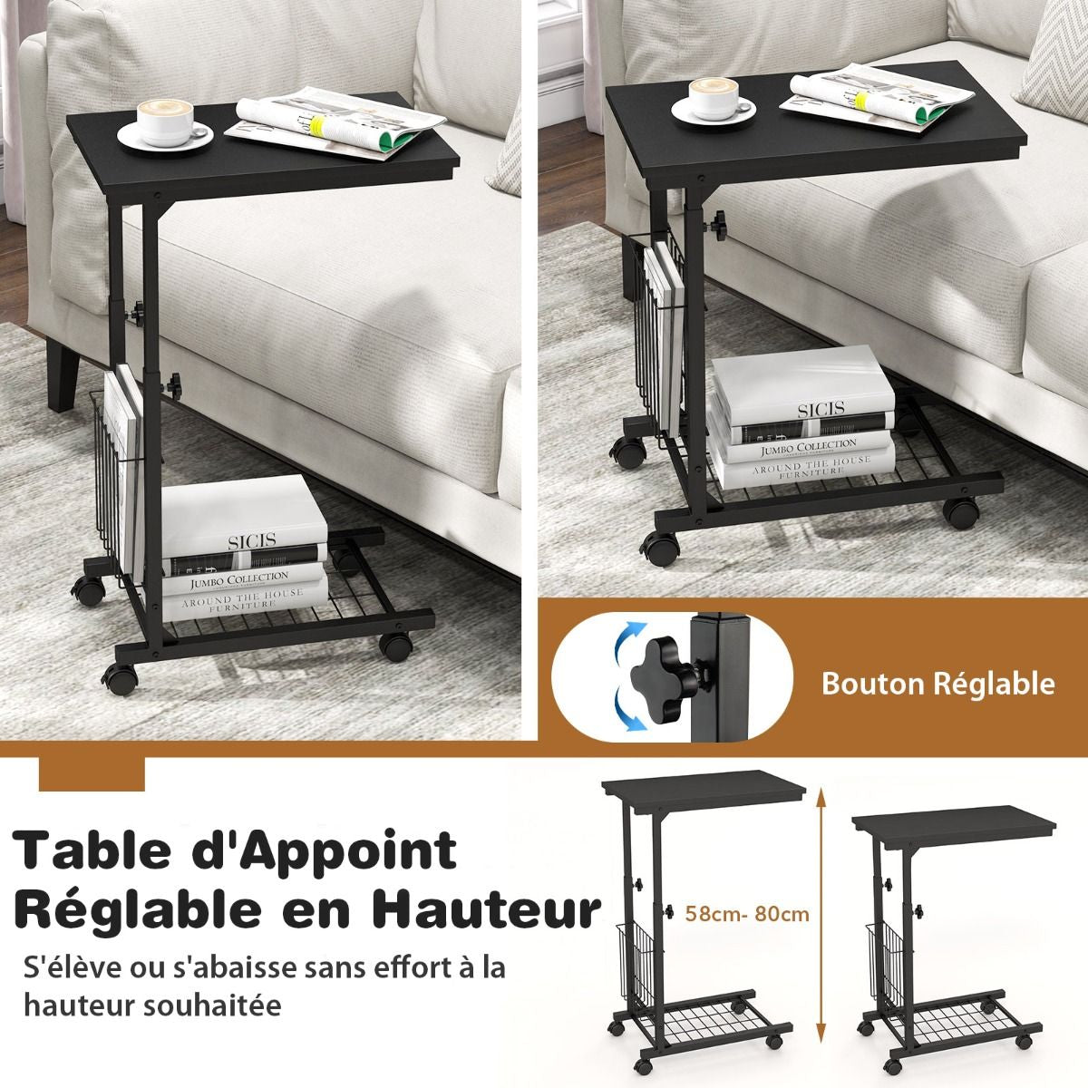 Table d'Appoint à Roulettes Bout de Canapé en Forme de C avec Porte-Revues Table de Lit à Roulette Hauteur Réglable 58-80 cm Table Roulante pour Lit Noir