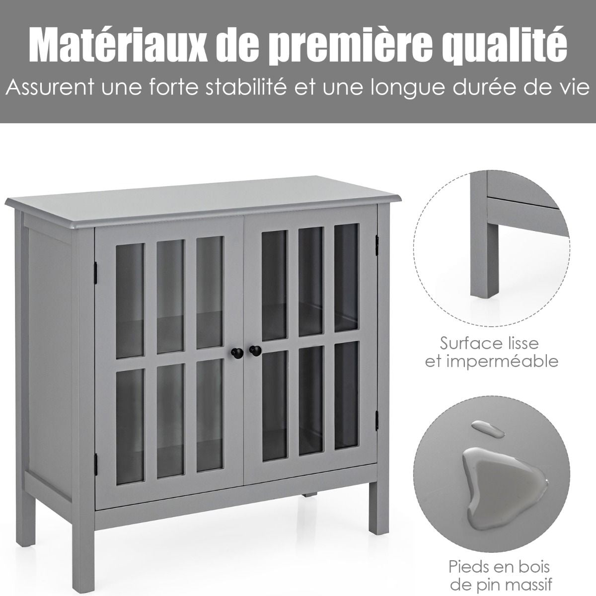 Buffet Bahut avec Porte un Verre Trempé 80,5 x 35 x 78 CM en Bois de Pin Gris